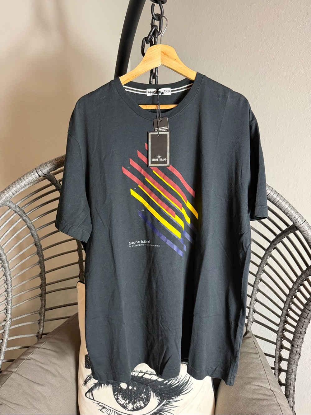 Stone Island Black Short-Sleeve Tee with Red, Yellow & Blue Diagonal Stripes 3XL